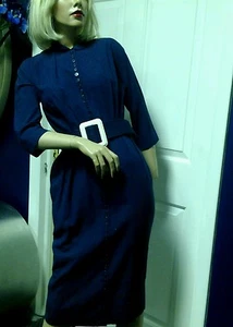 Vintage Suzy Perette 50's 60's Pencil Wiggle Dress Navy Linen Small Classy - Picture 1 of 12