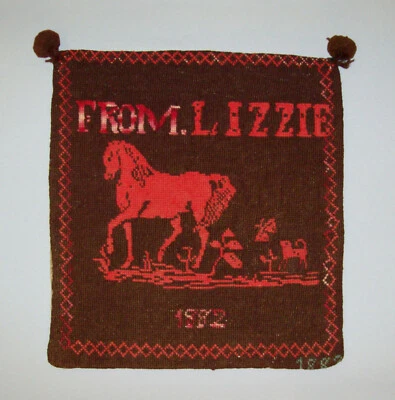 Antique Vtg 19th C 1882 Folk Art Needlepoint FROM LIZZIE 1882 Horse Dog Graphic - Image 1 of 4