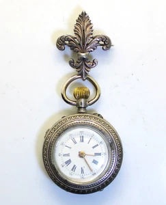 1890's Swiss Pocket Watch 800 Silver Engraved W/ Fleur De Lis Sterling Brooch - Picture 1 of 11