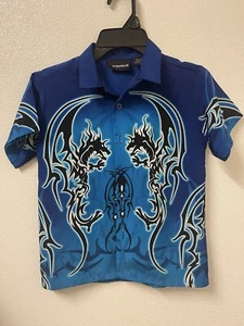 Vintage Kids Tribal Dragon Blue Button Down Camp Shirt No Boundaries Size XS - Picture 1 of 5