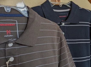 2 UnionBay Herren kurzärmlig 100 % Baumwolle Poloshirts gestreift schwarz braun Größe M - Bild 1 von 13