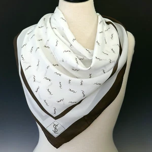 VINTAGE YSL YVES SAINT LAURENT ALL-OVER LOGO BROWN/WHITE SILK SCARF FRANCE - Picture 1 of 7
