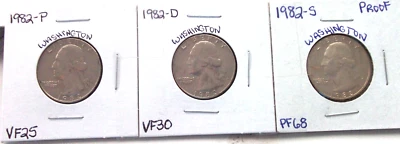 1982-P VERY FINE+ / 1982-D VERY FINE+/ 1982-S HIGH END PROOF WASHINGTON QUARTERS - Image 1 of 4