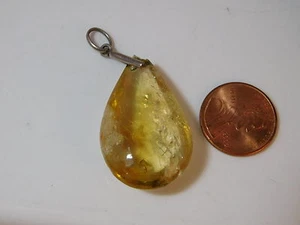 Vintage Giallo Quarzo Inclusioni Traslucido Lacrima Pendente Argento 2e 55 - Foto 1 di 5