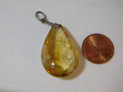 Vintage Giallo Quarzo Inclusioni Traslucido Lacrima Pendente Argento 2e 55 - Immagine 1 di 4