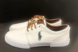 NEU Polo Ralph Lauren Herren Größe 12 Weiß Canvas Turnschuhe Leder Schnürsenkel - Bild 1 von 10