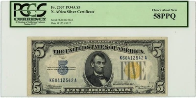 FR.2307 $5 1934A N. Africa Silver Certificate Ch About New 58 PPQ PCGS 950750-9 - Image 1 of 3