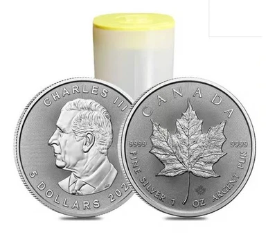 Lote de 25 monedas tubo hoja arce plata canadiense 2026 1 oz (BU) Foto 1 de 4