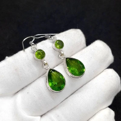 925 Sterling Silver Rose Cut Green Peridot Gemstone Jewelry Dangle Drop Earring - Image 1 of 3
