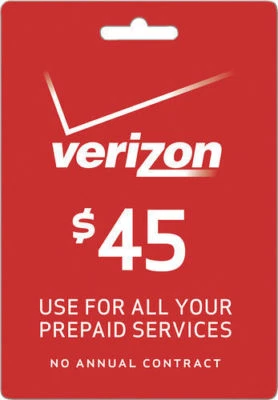 VERIZON WIRELESS  Prepaid $45 Refill Top-Up Prepaid Card , AIRTIME  RECHARGE  - Image 1 of 3