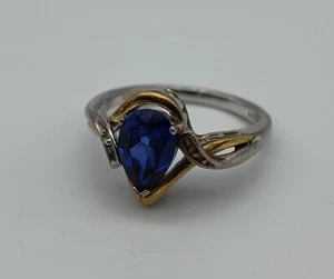 Vintage blaue Träne Birne Stein Sterlingsilber AV 925 10K Gelbgold Ringgröße 7 - Bild 1 von 13