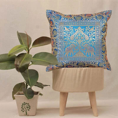 Indian Pillow Cover Elephant Print Brocade Silk Cushion Cover Home Decor 16" - Image 1 of 4