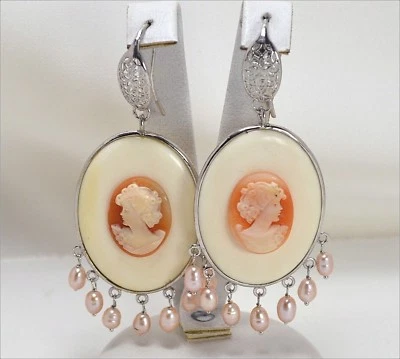 ORECCHINI IN ARGENTO 925 CON PERLE ROSA CAMMEI CORNEOLA VOLTO PENDENTI AGHT 0408 - Immagine 1 di 3