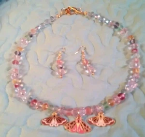 Artist Made Gold Plated Necklace Set In Rainbow Crystal,Butterflies 925ss hooks - Picture 1 of 7