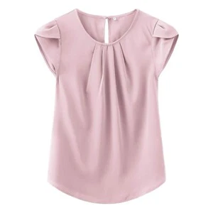 Women's Casual Round Neck Basic Pleated Top Cap Sleeve Curved Keyhole Back Ch... - Picture 1 of 5