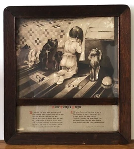 Antik c1906 Teddybär KLEINES TEDDYGEBET Junge Eiche gerahmt Bild Roosevelt - Bild 1 von 8