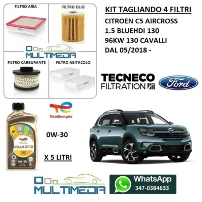 TECNECO TAGLIANDO 4 FILTRI OLIO ORIGINALE 0W30 CITROEN C5 AIRCROSS 1.5 HDI 130 CAVALLI
