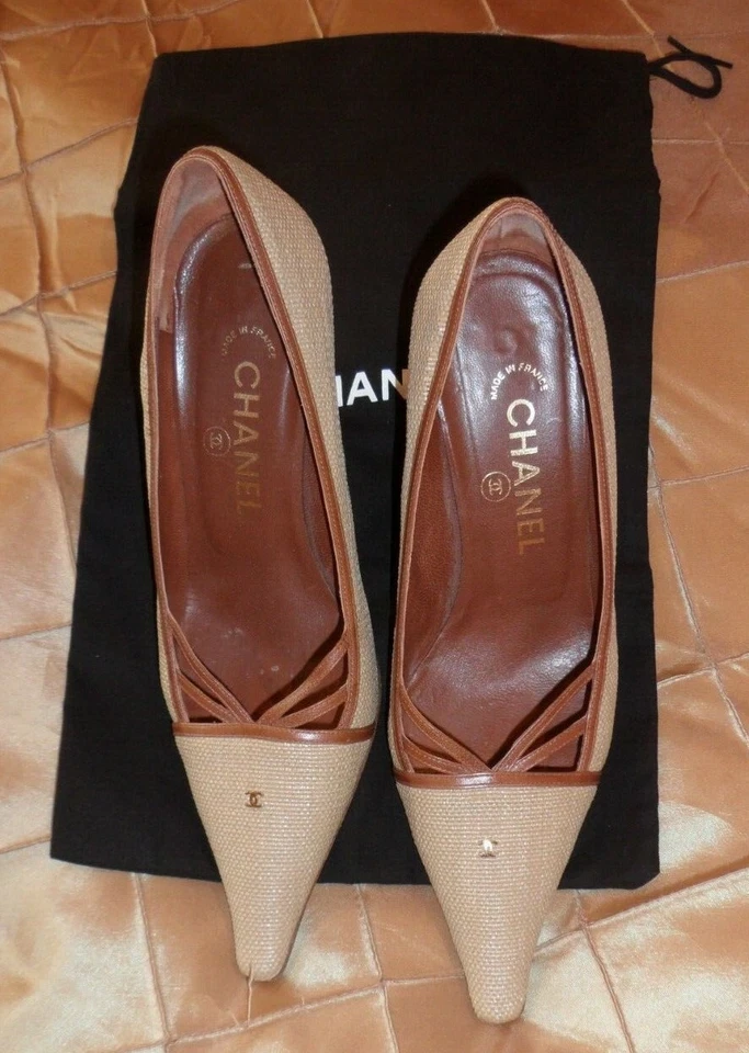 CHANEL FABULOUS PUMP, TWEED BEIGE COMBINATION W/ BROWN LEATHER, EXCELLENT CONDIT - Image 1 of 4