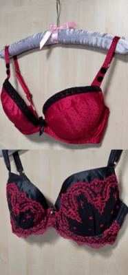 2x Sujetadores Masquerade 32E Rojo Satinado Polka y Rojo/Negro Encaje Minueto En muy buena condición Foto 1 de 4