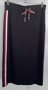 TOMMY HILFIGER Navy Knit Straight Midi Skirt Red White Side Stripes Size Small - Picture 1 of 3