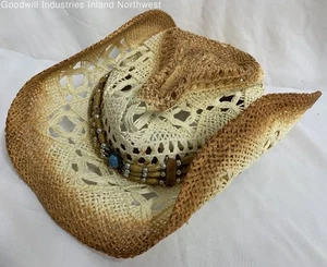 Women's JHATS Tan Brown Beaded Band Straw Cowboy Cowgirl Western Hat One Size - Picture 1 of 10