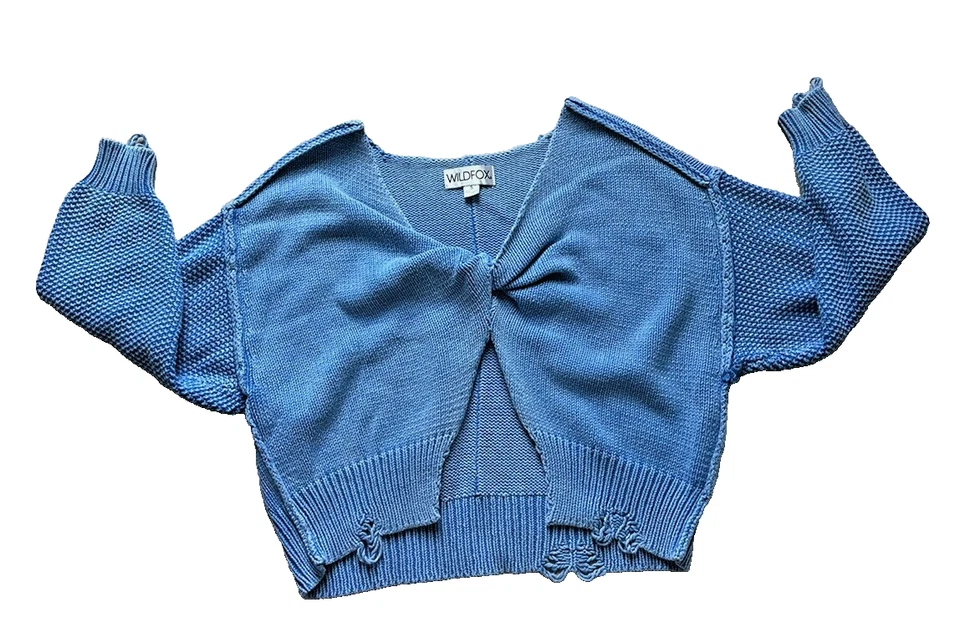 Wild Fox 短款毛衣蓝色棉破洞开口超大尺寸 S — 第 1/4 张图片