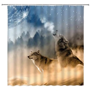 Wolf Shower Curtain Howling Wild Animal Foggy Mountain Forest Full Moon Night... - Picture 1 of 6
