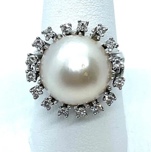 Large 14k White Gold 15 MM Mabe Pearl w .8 CT. Diamond Halo Ring SZ 8 3/4 - Picture 1 of 6