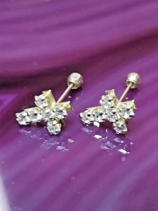 14k Yellow Gold CZ Stud Cross Earrings 0.7mm for Infant/Women/Men/Ladies - Picture 1 of 5