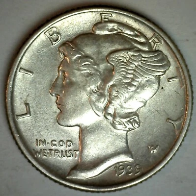 1939 Silver Mercury Dime 10c US Type Coin BU/Uncirculated 10 Cents - Image 1 of 2