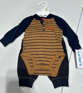 Carters 2 Piece Blue/brown Stripe Jean Jegging Outfit Size 3 Months New - Picture 1 of 5