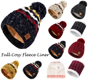 Winter Beanie Bobble Hat Warm Fleece Liner Large Faux Fur Pom Pom Unisex Women - Picture 1 of 70