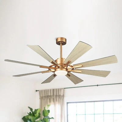 60 Inch Modern Windmill Ceiling Fan LED Light Reversible 8 Blade Golden Finish - Image 1 of 4