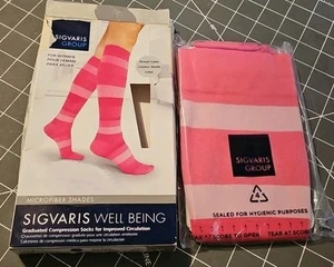 Sigvaris 143CB15 Kompressionsstrümpfe Damen B rosa gestreift kniehoch Medium  - Bild 1 von 5