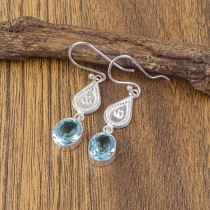 Orecchini Ovali Cielo Blu Topazio Argento Sterling Lunetta Minimale Set Anniversario Moglie - Foto 1 di 8