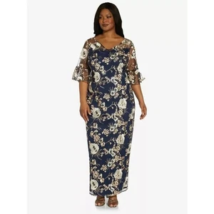 Maxi Vestido Adrianna Papell Floral Bordado Volantes Manga Campana, Talla 14 - Imagen 1 de 16