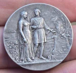 Xrare Art Deco Solid Silver Medal Marriage Wedding "Fidélité, Bonheur" by Dropsy - Picture 1 of 6