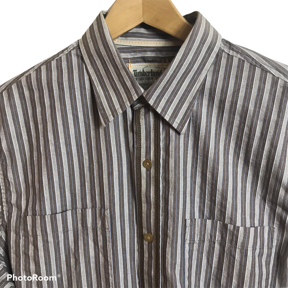Camisa Timberland Para Hombre Grande Manga Larga Abotonada Marrón Rayas Algodón Bolsillos Foto 1 de 4