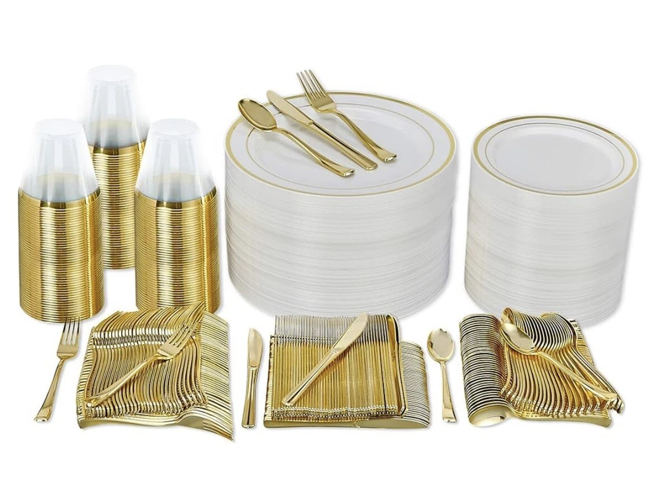 Juego de vajilla de fiesta desechable Prestee 600 piezas para 100 invitados - dorado Foto 1 de 4