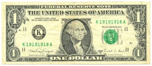 1988A $1 Dallas, TX Federal Reserve Note Repeater S/N K19191918A - Picture 1 of 2