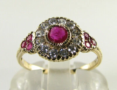 DIVINE 9K 9CT GOLD INDIAN RUBY DIAMOND ART DECO INS CLUSTER RING FREE RESIZE - Image 1 of 4