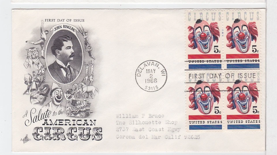 TurtlesTradingPost- American Circus #1309- 1966 FDC- Artcraft Cachet- Block of 4 - Image 1 of 1