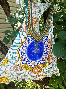 TOLLES CAMILLA FRANKS EINHORN DRUCK KRISTALLE LAGENLOOK RASIERMESSERRÜCKEN SEIDIG TOP 2 M - Bild 1 von 6