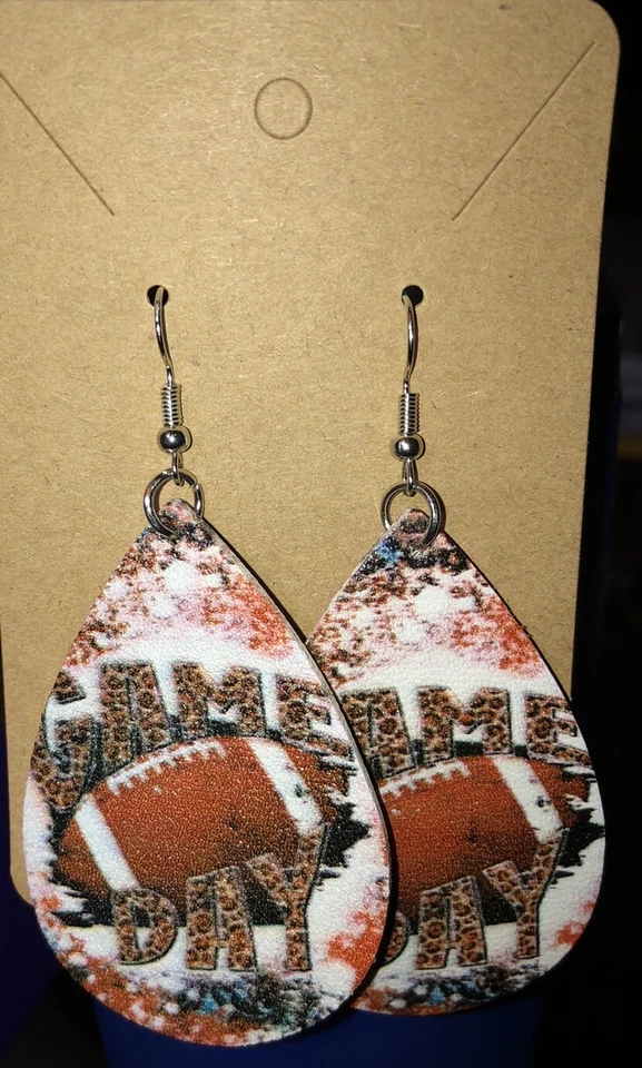 New! Game Day Football Teardrop Leather Earrings Back And Front Design. - Image 1 of 1