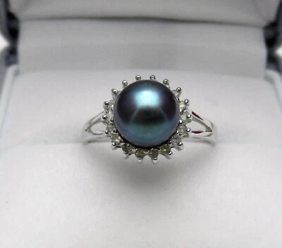 Anillo con halo de perlas y diamantes de Tahití en oro blanco sólido de 14 k talla 6,75 Foto 1 de 4