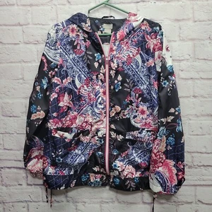 Chicos Zenergy Hoodie Jacket Size 12/14 Large Black Floral Lightweight Packable - Picture 1 of 9