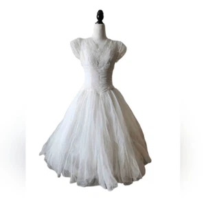 1950s Vintage Tea Length Wedding Dress Lace Cap Sleeve Rushed Bodice Chiffon - Picture 1 of 6