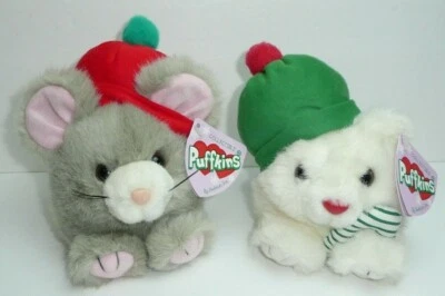 Holiday Puffkins Lot of 2 Xmas Plush Stuffed Animal Peppermint Bear Nutmeg Mouse - Image 1 of 3
