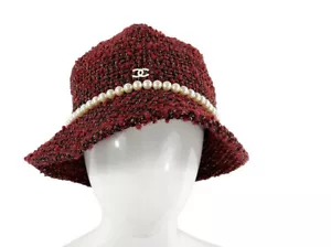 CHANEL - Tweed Boucle Bucket Hat - Pearls / Maroon / CC Logo - Size 57 - Picture 1 of 10