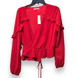 Francesca’s Mi Ami Red Chiffon Wrap Top Sz Large NWT Long Sleeve - Picture 1 of 10